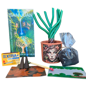 RITUAL DE LA NOCHE DE SAN JUAN PARA ELIMINAR ENERGÍAS NEGATIVAS Y PEDIR DESEOS CON MACETA, ÁRBOL DE VELAS, TIERRA LITÚRGICA, CERILLAS, PERGAMINOS Y CONOS DE INCIENSO.