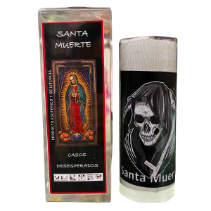 VELÓN RITUALIZADO DE SANTA MUERTE CON MALLA NEGRA, ALFILER Y PERGAMINO: CASOS DESESPERADOS.