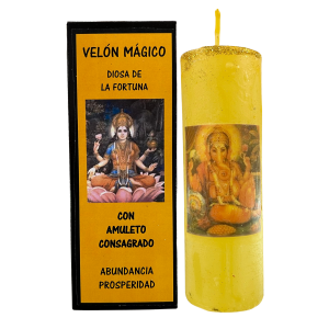 VELÓN RITUALIZADO DE LA DIOSA DE LA FORTUNA CON PULSERA DE MONEDAS.