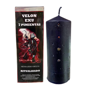 VELÓN RITUALIZADO DE EXÚ Y 7 PIMIENTAS CON ACEITE LITÚRGICO: ABRE CAMINOS Y CORTA MALEFICIOS.