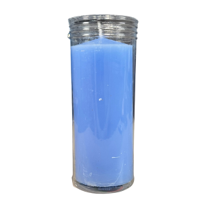 Velón Azul Claro para Concentración Mental. Duración aproximada de 3 días y 13x6cm. Incluye funda ignífuga transparente.
