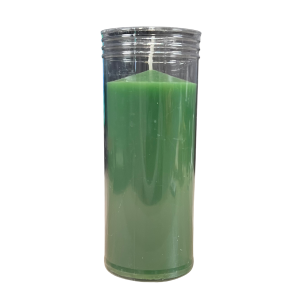 Velón Verde Oscuro para Salud y Bienestar. Duración aproximada de 3 días y 13x6cm. Incluye funda ignífuga transparente.