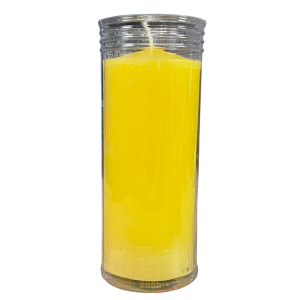 Velón Amarillo para Dinero, Riqueza y Abundancia. Duración aproximada de 3 días y 13x6cm. Incluye funda ignífuga transparente.